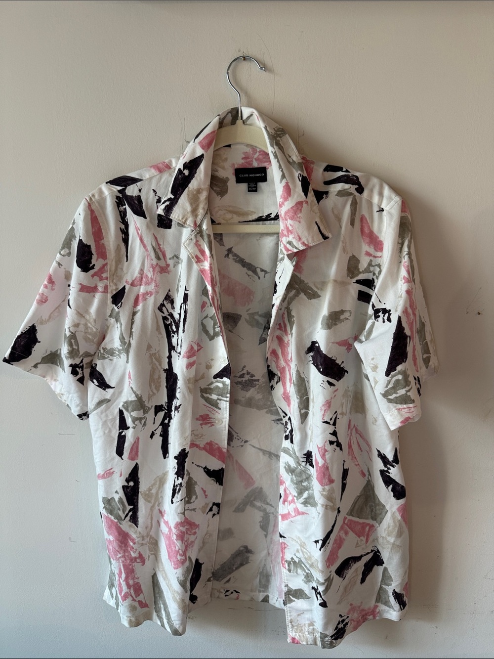 Abstract Brushstroke Short Sleeve Button-Up Shirt - Pink, Black, Gray on White
